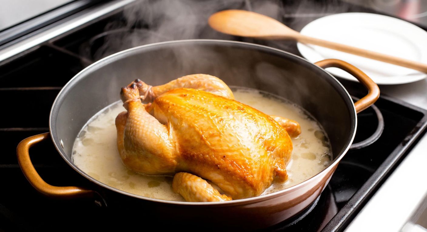 A golden-brown chicken piece simmering in a bubbling pot on a stovetop, with steam rising and a wooden spoon resting nearby, evoking warmth and home-cooked comfort.