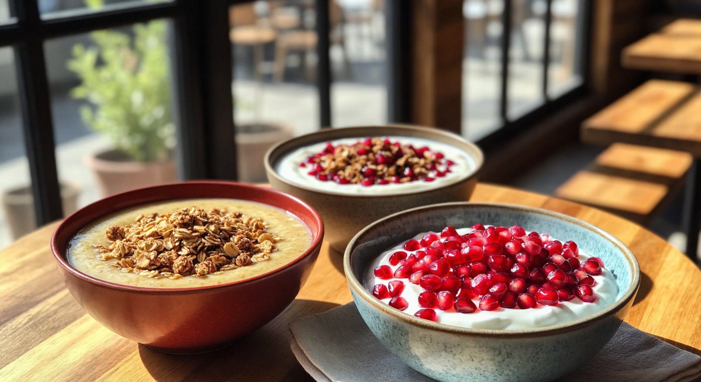 A vibrant wooden table in a sunlit Turkish kitchen holds three bowls: one with a creamy smoothie topped with granola, another with thick yogurt mixed with granola and honey, and a third layered with yogurt, granola, and fresh pomegranate seeds.