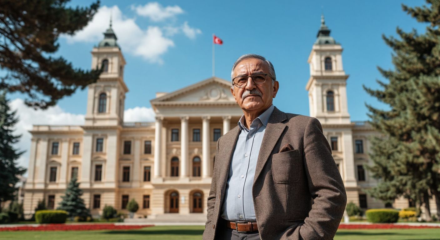 A distinguished elderly Turkish man with a confident demeanor stands in front of a grand educational building, symbolizing leadership and legacy.