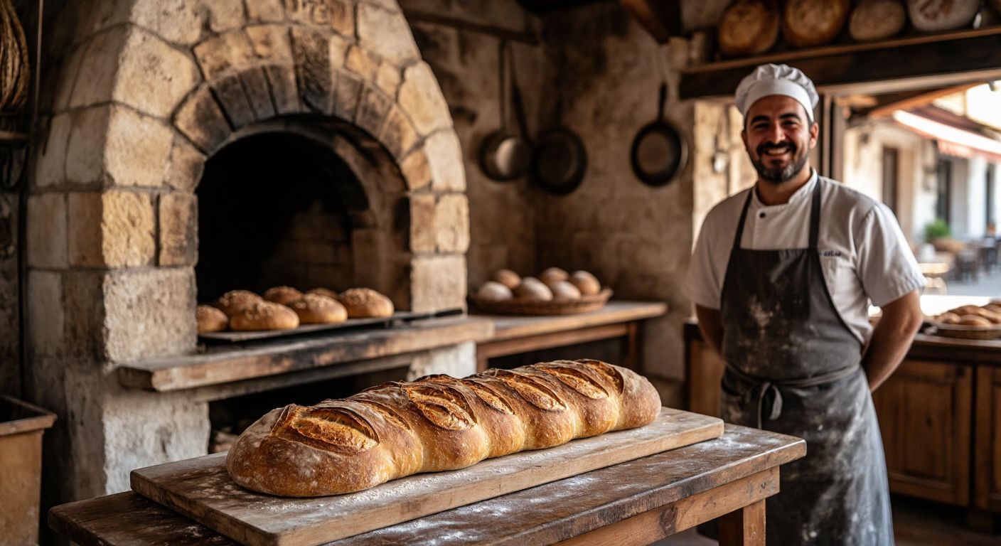 A warm, golden-brown loaf of Kaklıç bread sits on a wooden table in front of a rustic stone oven, with the bustling streets of Denizli or İzmir visible through an open doorway, and a baker in a flour-dusted apron smiling proudly nearby.