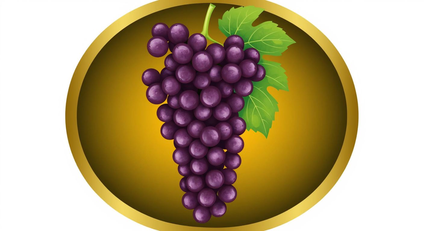A round emblem with a cluster of deep purple Sultana grapes, set against a golden background, symbolizing Buca's rich viticulture heritage.
