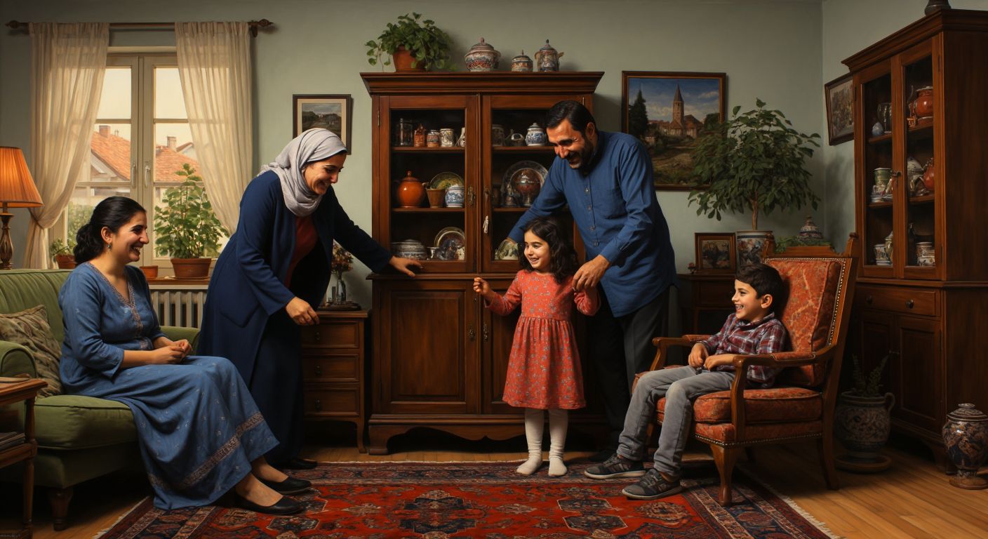 A Turkish family in a cozy living room, some smiling while inspecting a sturdy wooden cabinet, while others frown at a wobbly chair with a loose leg.