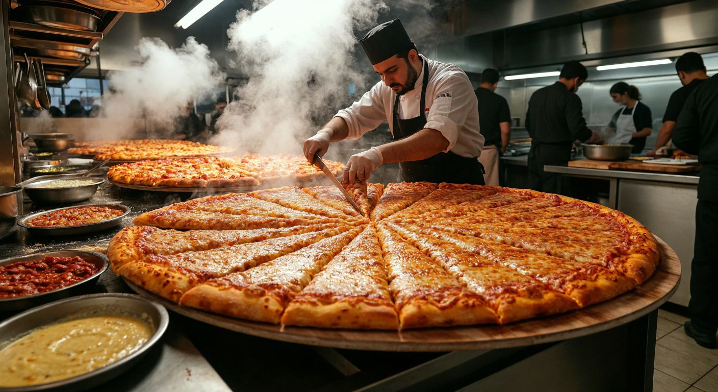 A massive, golden-brown pizza being sliced into countless tiny pieces by a chef in a bustling Turkish pizzeria, with steam rising and customers watching in awe.