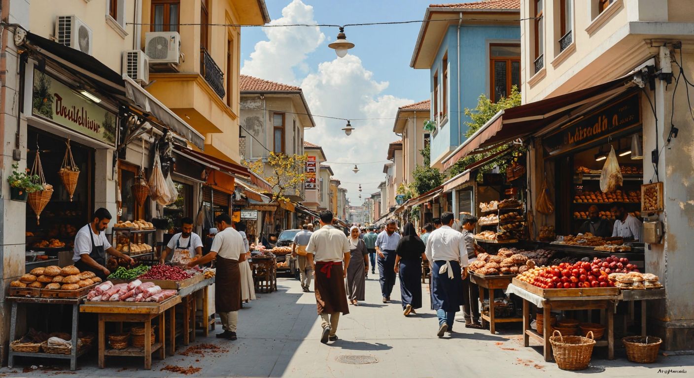 A bustling street in Tuzla Aydınlı with a mix of small workshops, textile factories, and lively shops like bakeries, butchers, and cafes, where workers in casual attire and aprons engage in trade and craftsmanship.