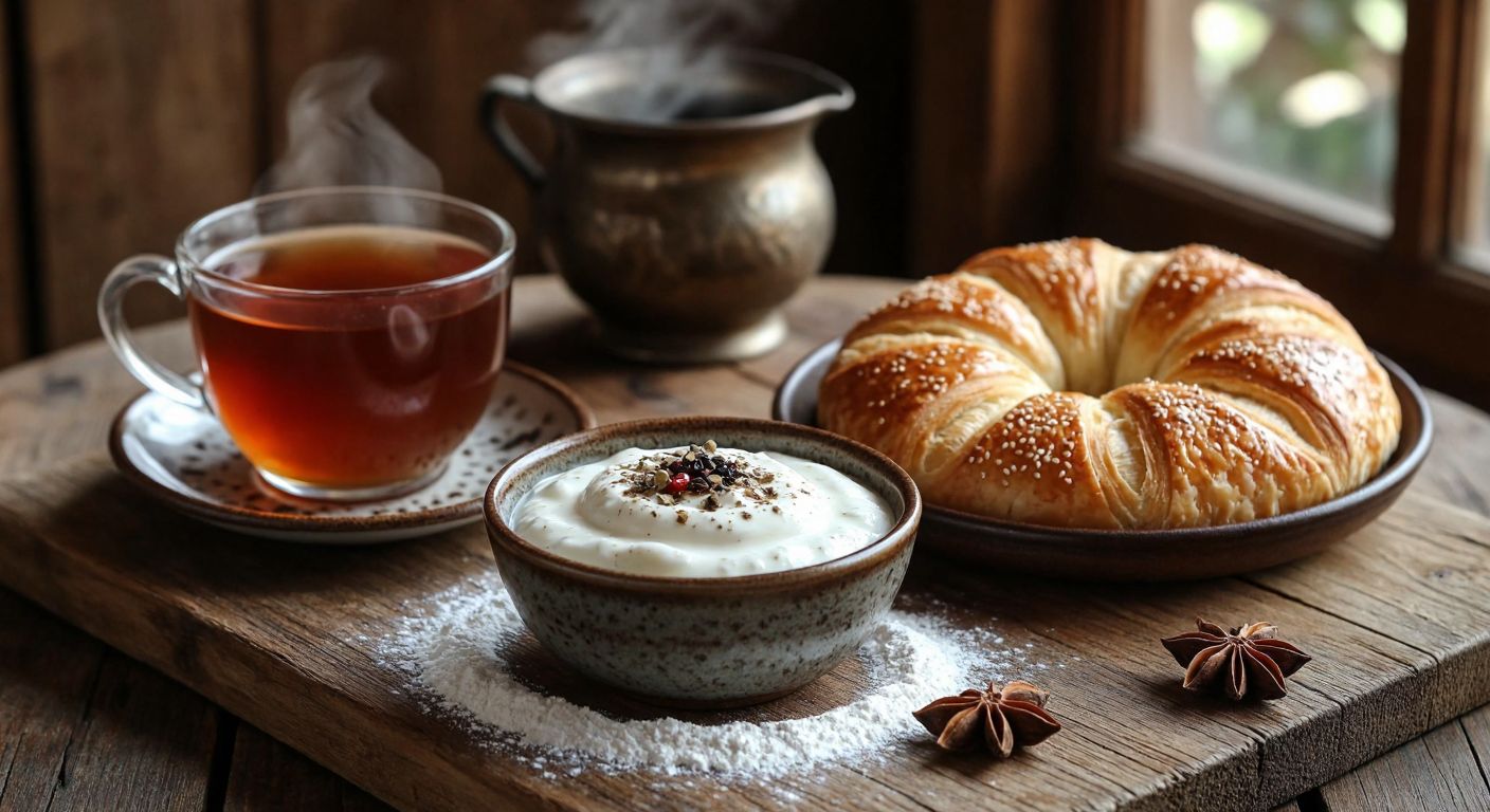 A rustic wooden table in a Turkish kitchen holds a steaming cup of herbal tea with powdered **iğde çekirdeği**, a bowl of creamy yogurt mixed with the powder, and a freshly baked golden pastry sprinkled with it, evoking warmth and natural nourishment.