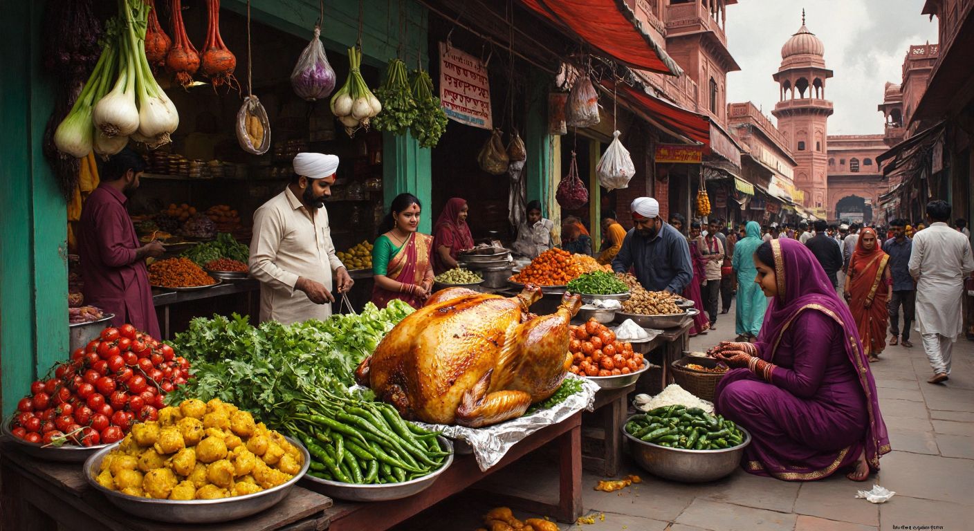 A vibrant Indian marketplace with a mix of Hindu and Muslim vendors, where a golden-roasted chicken sits beside fresh vegetables, reflecting diverse cultural attitudes toward food.