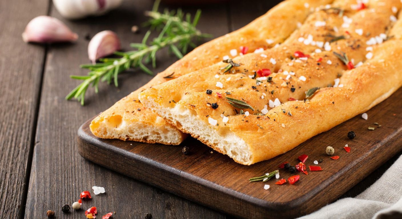A golden-brown crispy snack sprinkled with rosemary, thyme, garlic, onion, red pepper flakes, black pepper, and salt, resting on a rustic wooden table in a Turkish kitchen.