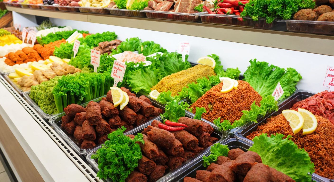 A vibrant display of fresh çiğ köfte sets in a Migros supermarket, with neatly arranged trays of spiced bulgur mixture, lettuce leaves, and lemon wedges, evoking a sense of traditional Turkish flavors.