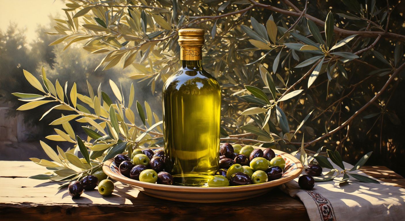 A golden-green bottle of olive oil sits on a rustic wooden table surrounded by fresh olives and olive branches, with sunlight filtering through the leaves onto a traditional Turkish ceramic plate.