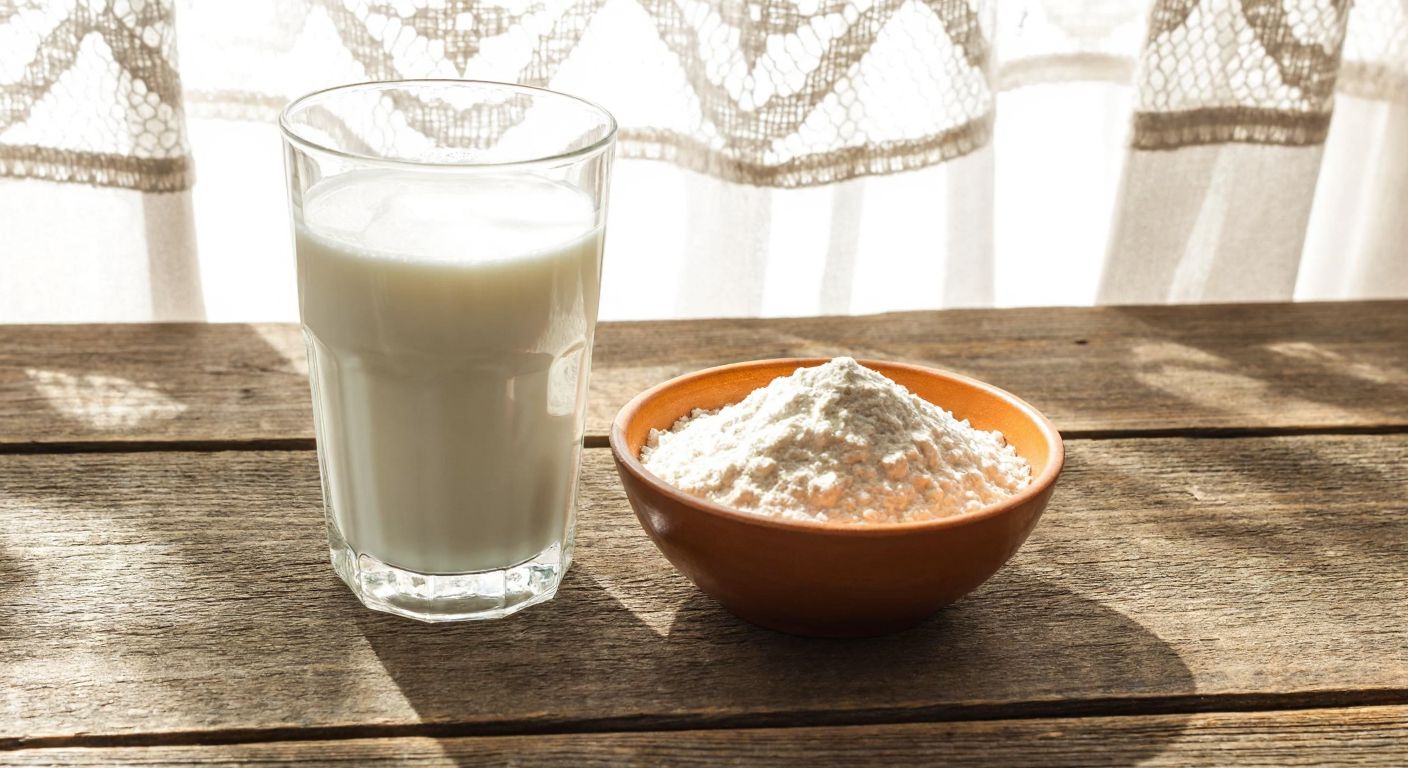 A glass of fresh milk and a small bowl of powdered milk side by side on a rustic wooden table in a Turkish kitchen, with sunlight streaming through a lace-curtained window.