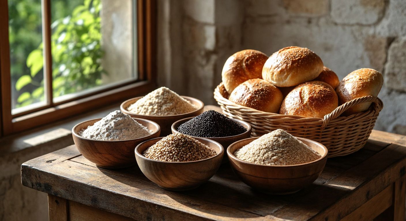 A rustic wooden table in a sunlit Turkish kitchen holds small bowls filled with kinoa flour, buckwheat flour, black chickpea flour, flaxseeds, chia, mahlep, and other natural ingredients, arranged neatly beside a woven bread basket with fresh, golden-brown bread.