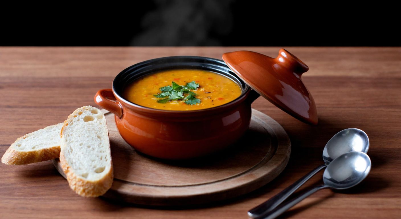 A warm, steaming ceramic soup bowl (15-16 cm wide) sits on a wooden table, filled with a rich red lentil soup, accompanied by two small spoons and a slice of crusty bread, evoking a cozy Turkish home setting.