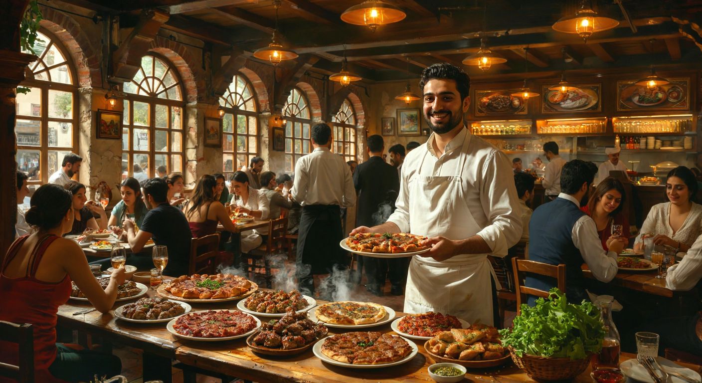 A bustling Turkish restaurant with warm lighting, filled with people enjoying plates of steaming kebabs and lahmacun, while a cheerful waiter in a white apron carries a tray of baklava.