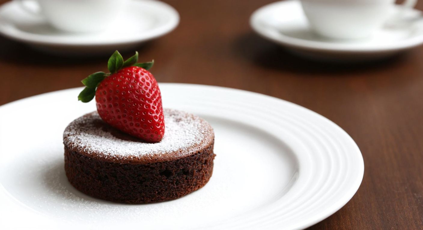A small, round slice of moist chocolate cake on a delicate white plate, garnished with a fresh strawberry and a dusting of powdered sugar, evoking a cozy café in Istanbul.