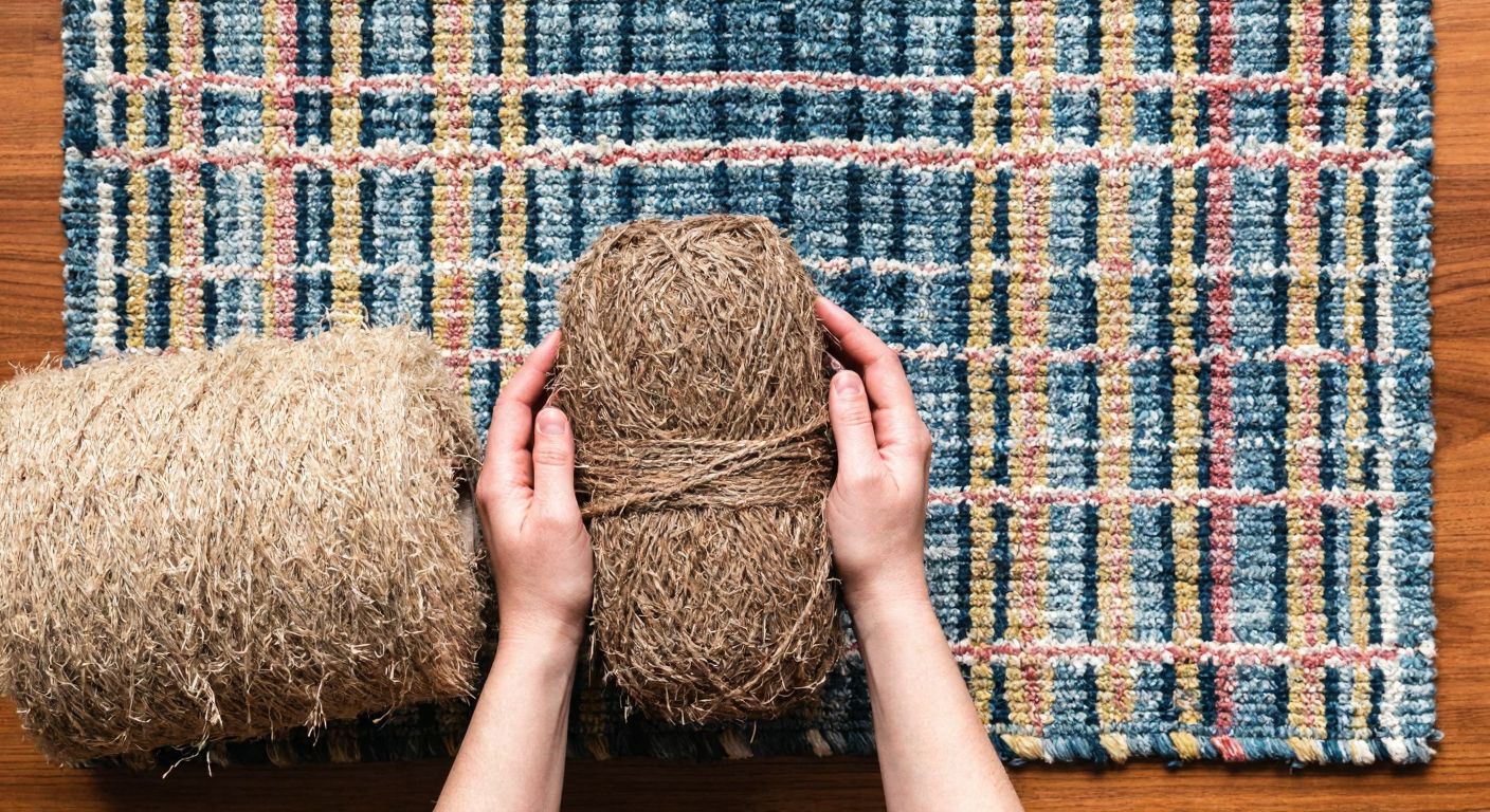 A pair of hands holding a thick, textured sakallı ip yarn and a rustic jute thread against a backdrop of a colorful, half-finished yolluk rug on a wooden floor.