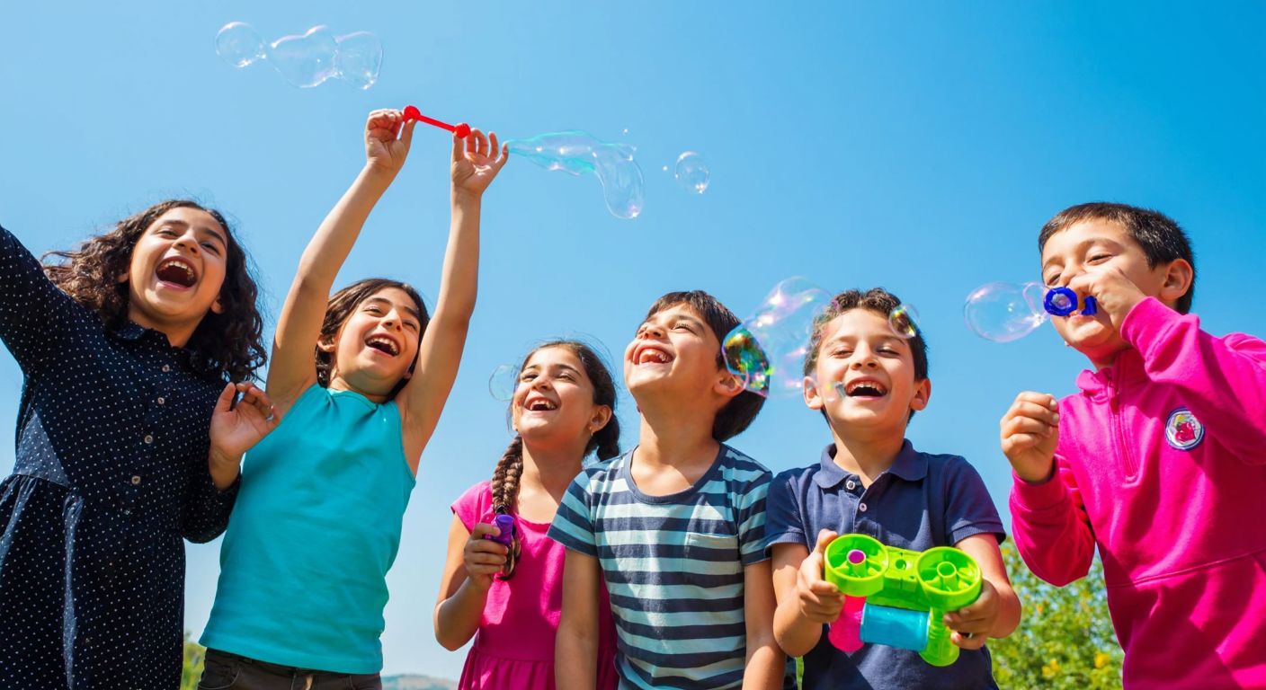 A group of joyful Turkish children laughing and playing outdoors, blowing colorful soap bubbles with Ümit Toys bubble-making tools under a bright blue sky.