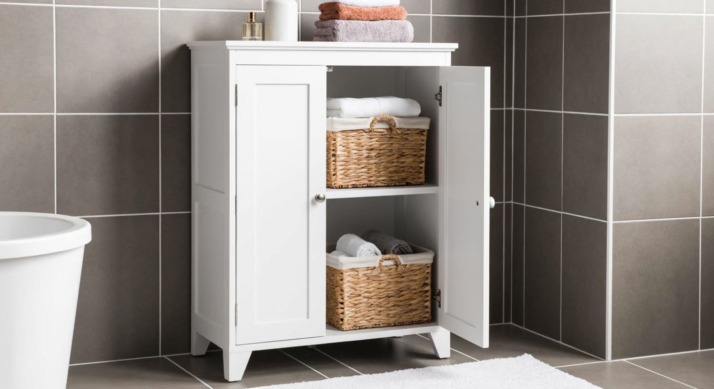 A modern white MDF laundry cabinet with woven baskets inside, placed in a tiled Turkish bathroom, neatly holding folded clothes and towels.