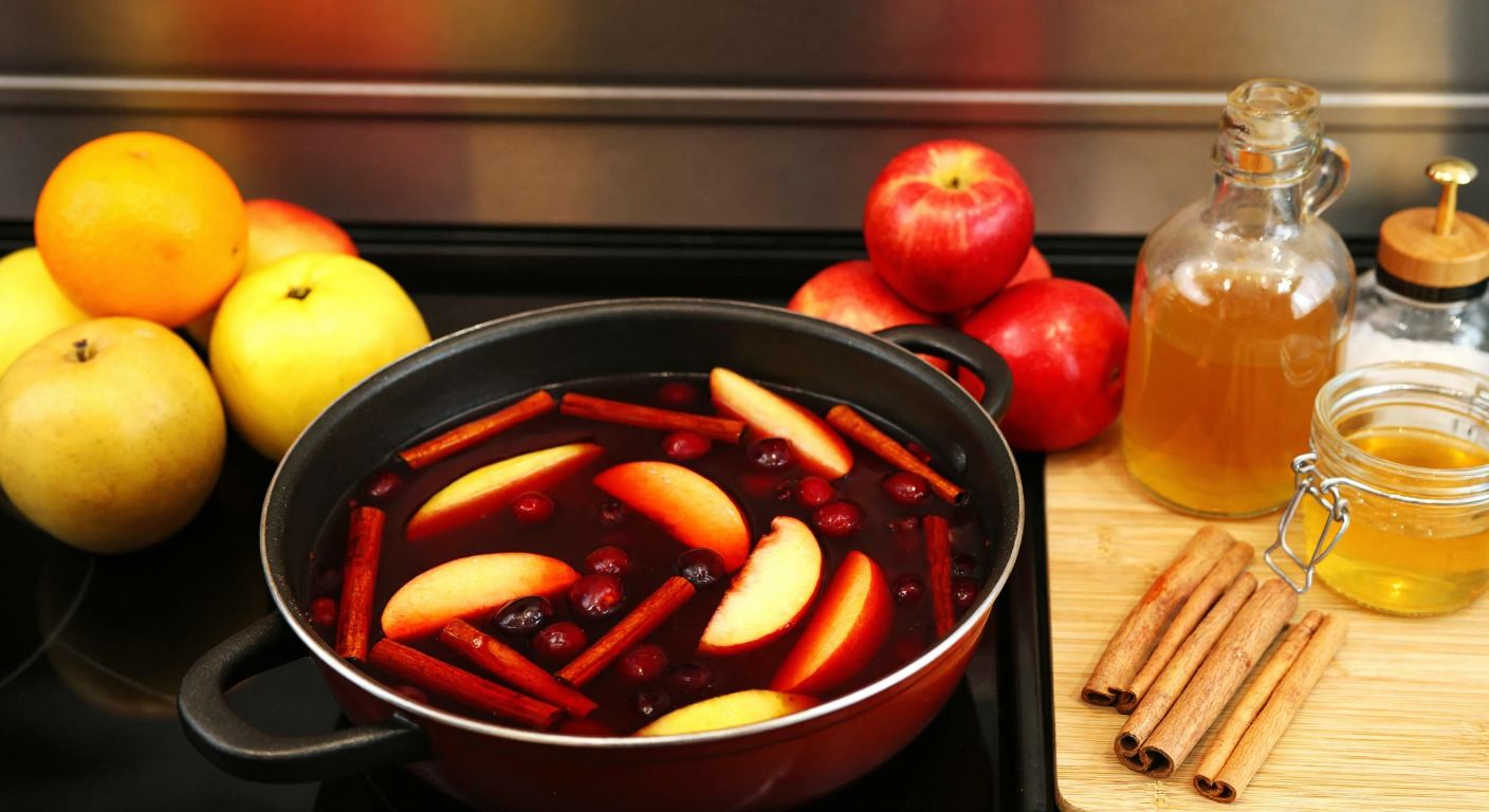 A warm Turkish kitchen with a bubbling pot of komposto on the stove, surrounded by fresh fruits, a jar of golden honey, cinnamon sticks, and a bottle of liquid sweetener, evoking a cozy, aromatic atmosphere.