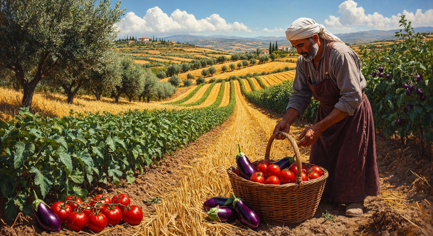 A sunlit Turkish countryside field with rows of golden wheat, vibrant green cotton plants, and olive trees, while a farmer in traditional attire tends to a basket of fresh tomatoes and eggplants.