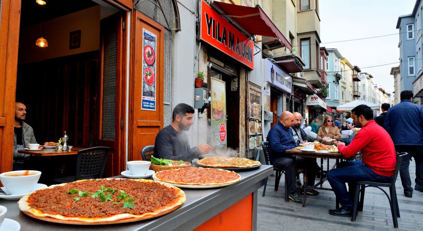 A bustling Istanbul street scene with two small lahmacun restaurants, one in Fatih's historic Yedikule district and another in Pendik, each with steaming flatbreads topped with spiced meat, surrounded by locals enjoying the dishes.
