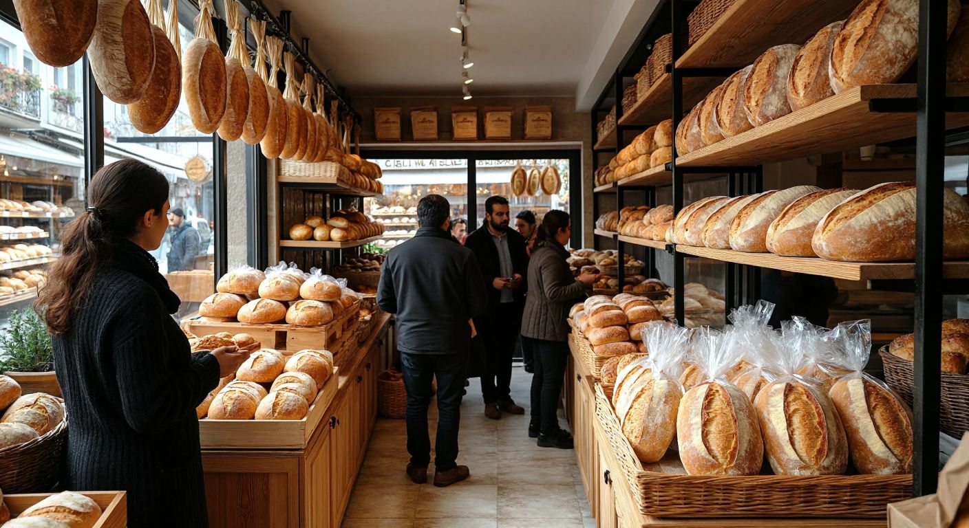 A warm, bustling bakery in Turkey with shelves of golden-brown traditional wheat bread loaves, while a separate small display holds neatly wrapped gluten-free bread, surrounded by hopeful customers inspecting the options.