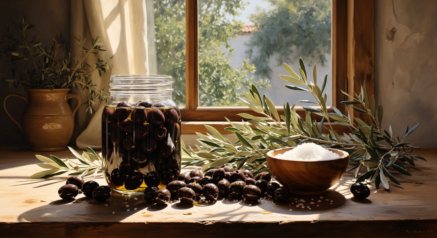 A rustic wooden table in a sunlit Turkish kitchen holds a large glass jar filled with dark olives soaking in brine, surrounded by fresh olive branches and a small bowl of coarse salt.
