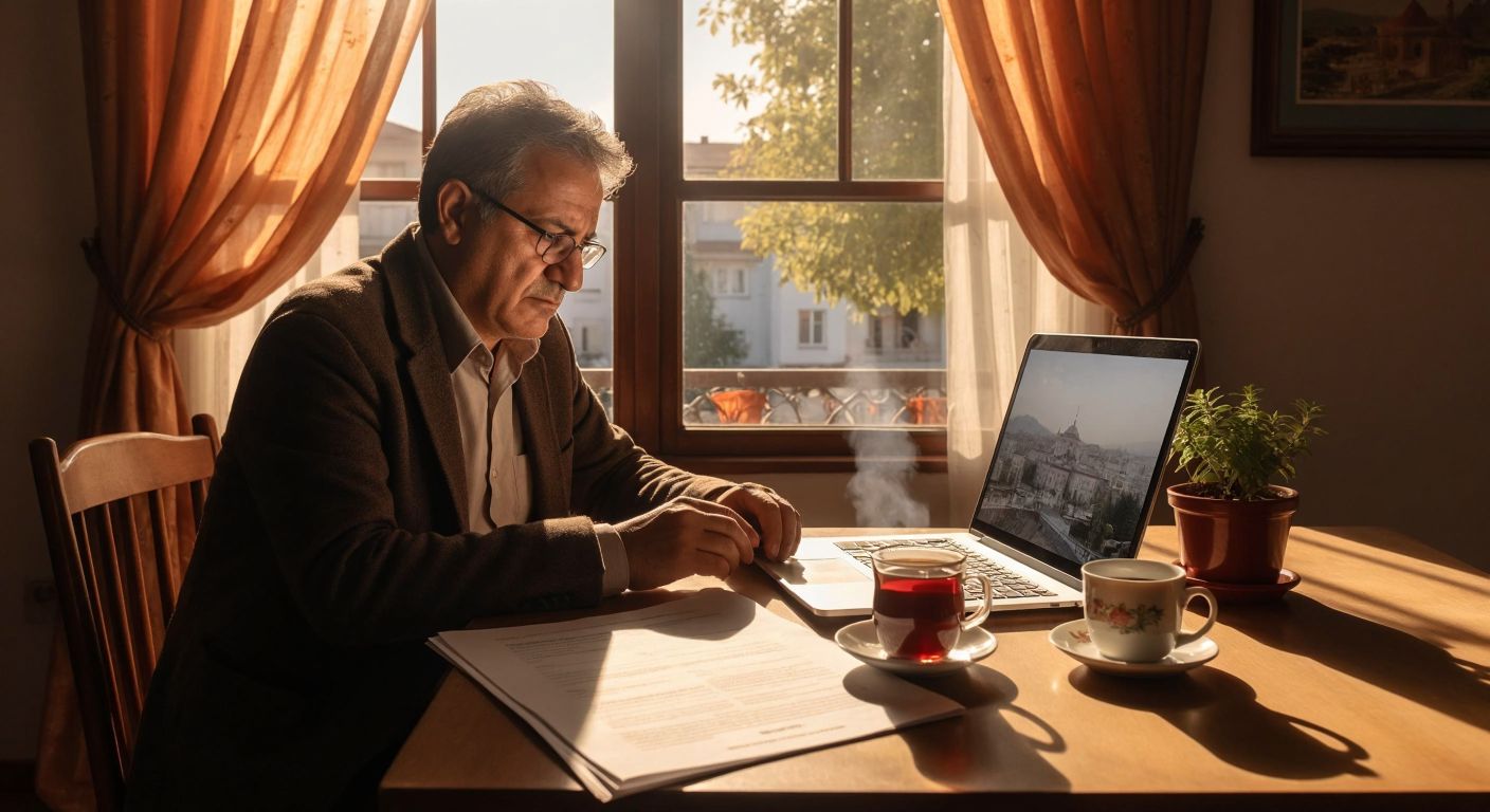 A focused middle-aged person in Ankara sits at a wooden desk with a laptop open, a steaming cup of Turkish tea beside them, while sunlight streams through a window onto a printed municipal tax document.
