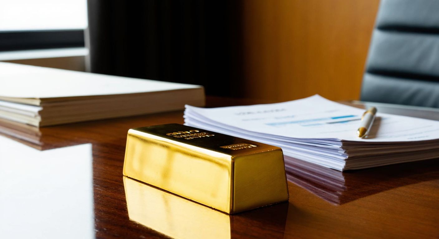 A gleaming gold bar resting on a polished wooden table in a modern Turkish office, with a neatly stacked pile of financial documents beside it, symbolizing secure investment in gold-backed assets.