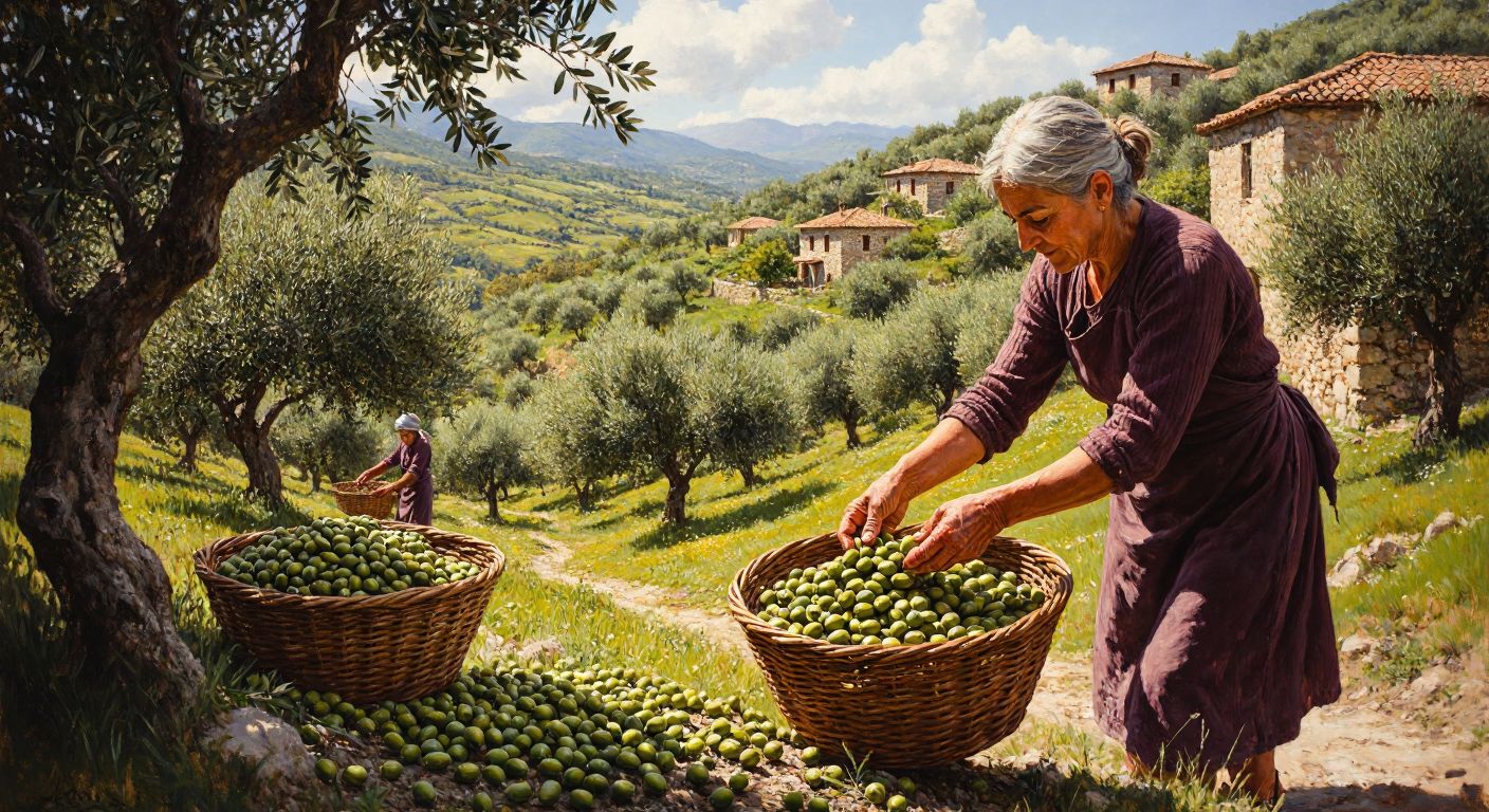 A sunlit olive grove in Adatepe village, with weathered hands carefully harvesting ripe olives into woven baskets, surrounded by rolling green hills and traditional stone houses.