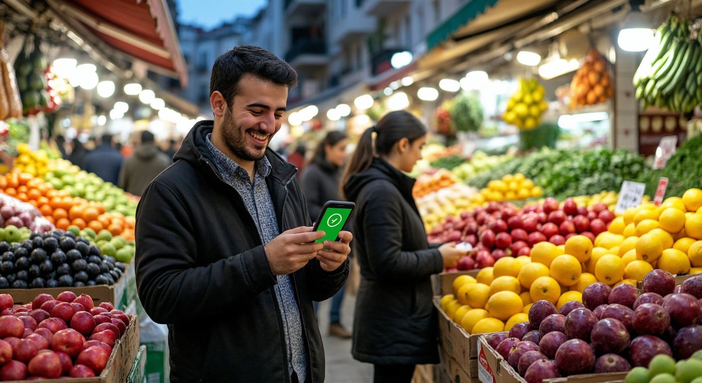 A bustling Turkish marketplace with fresh produce, a smiling vendor holding a smartphone displaying a green checkmark, and a customer confidently selecting fruits while glancing at a shop’s displayed certification.
