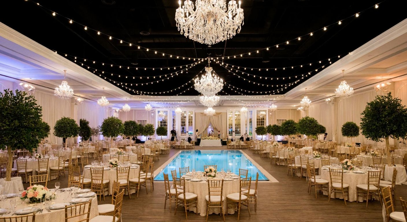 A grand Turkish wedding hall with high ceilings, crystal chandeliers, and elegant tables set for hundreds of guests, surrounded by lush indoor greenery and a sparkling pool area under string lights.