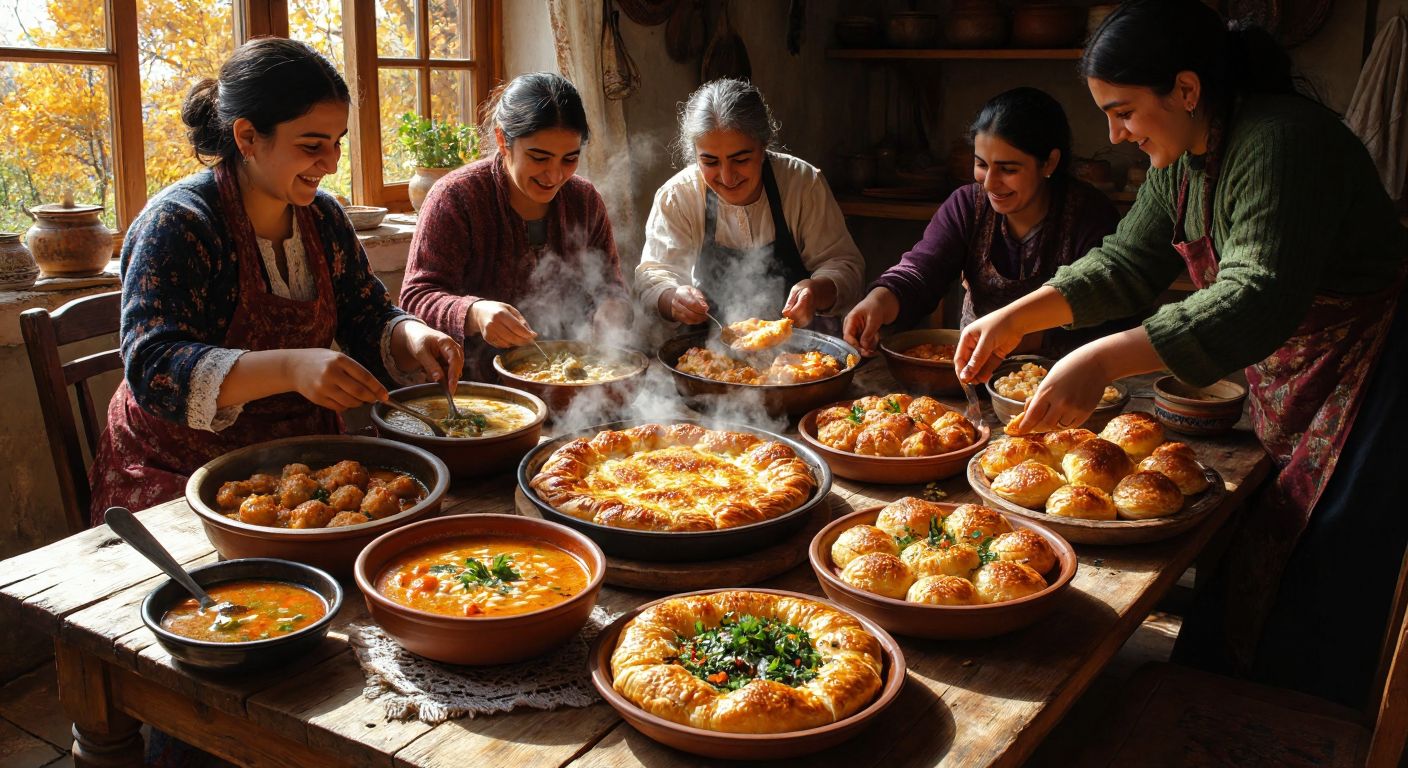 A rustic wooden table in a sunlit village home, laden with steaming bowls of katık çorbası, golden-brown et topalağı, and freshly baked su böreği, surrounded by warm smiles and eager hands reaching to share the meal.