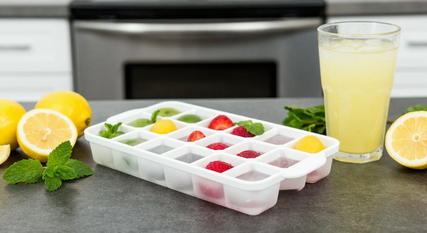 A clear ice cube tray filled with colorful fruit-infused ice cubes sits on a kitchen counter next to a frosty glass of lemonade, with fresh mint leaves and sliced lemons scattered around.