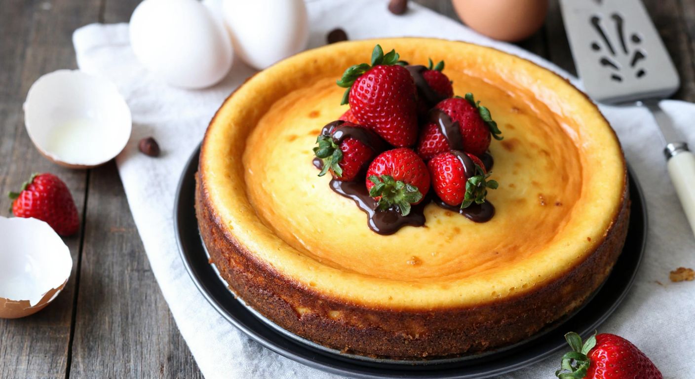 A golden-brown cheesecake on a rustic wooden table, topped with fresh red strawberries and a drizzle of melted chocolate, surrounded by scattered ingredients like cream cheese and eggs.