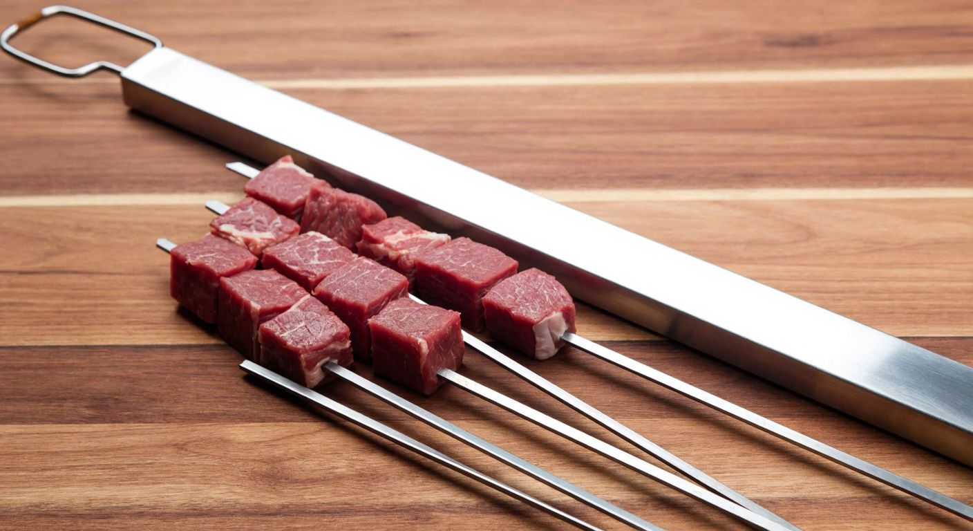 A close-up of a shiny aluminum kebab skewering tool resting on a wooden table, with neatly arranged cubes of marinated meat and metal skewers beside it, evoking the preparation of a traditional Turkish kebab.