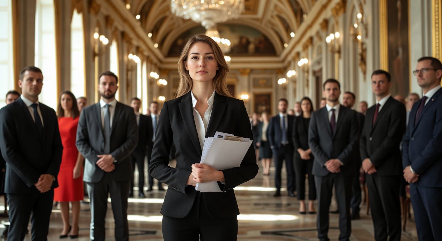 A poised woman in a tailored suit stands confidently in a grand European-style hall, holding a stack of financial documents while surrounded by delegates in formal attire.