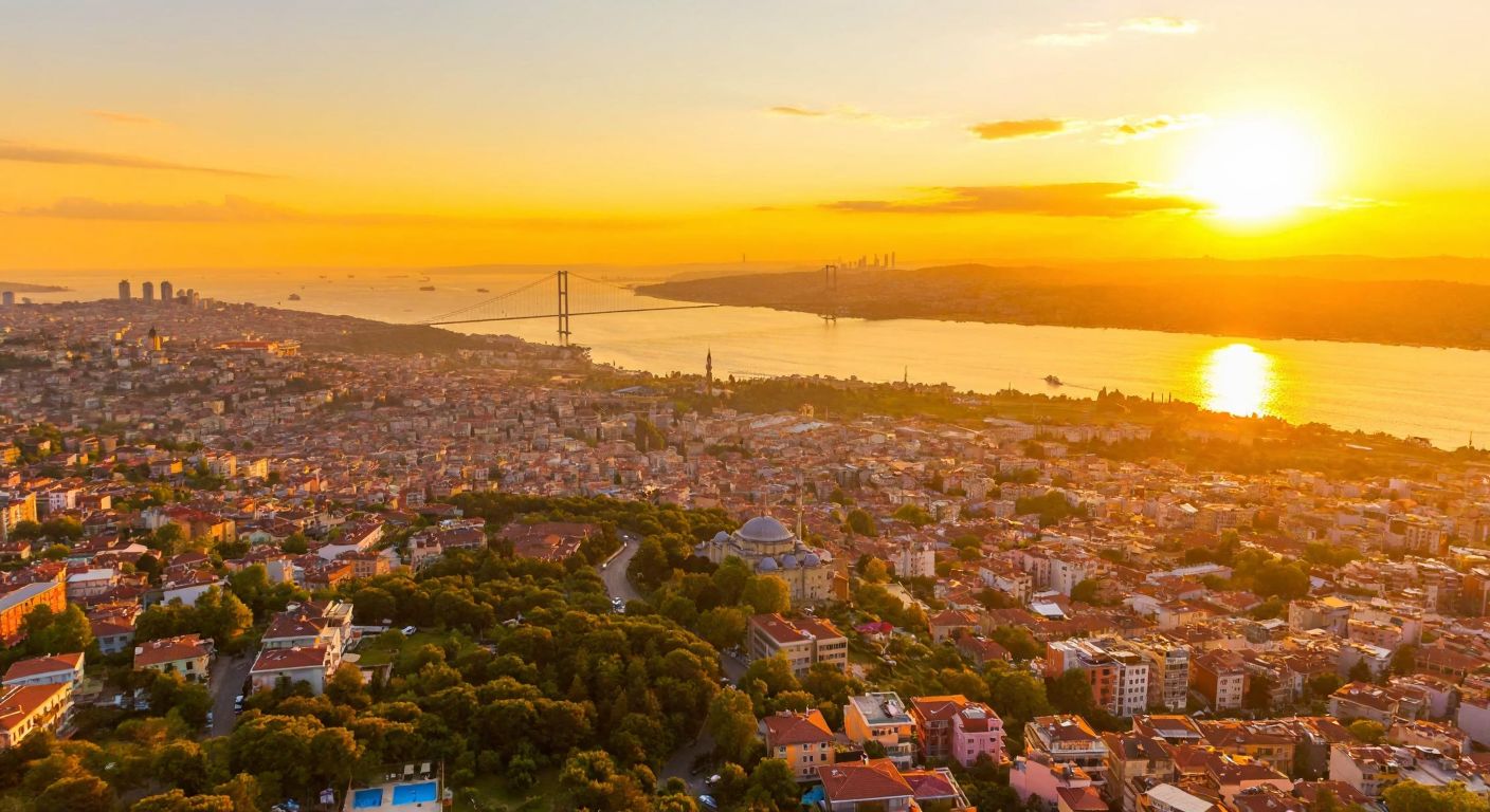A vibrant aerial view of Istanbul’s Anadolu Yakası with the Bosphorus Bridge in the distance, under a golden sunset, symbolizing the connection and regional identity tied to the 0216 area code.