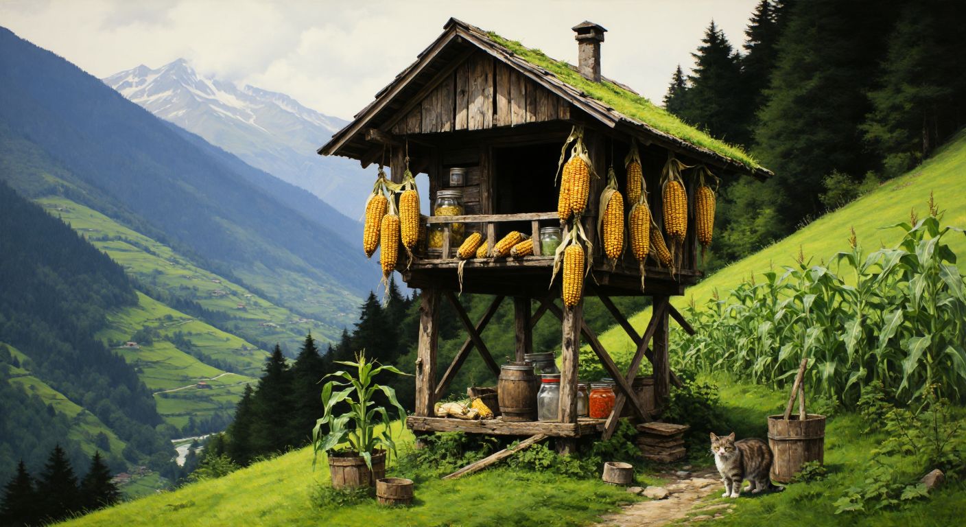 A weathered wooden serender perched on tall stilts amidst lush green Karadeniz hills, filled with hanging corn cobs and jars of pickles, while a stray cat prowls below.