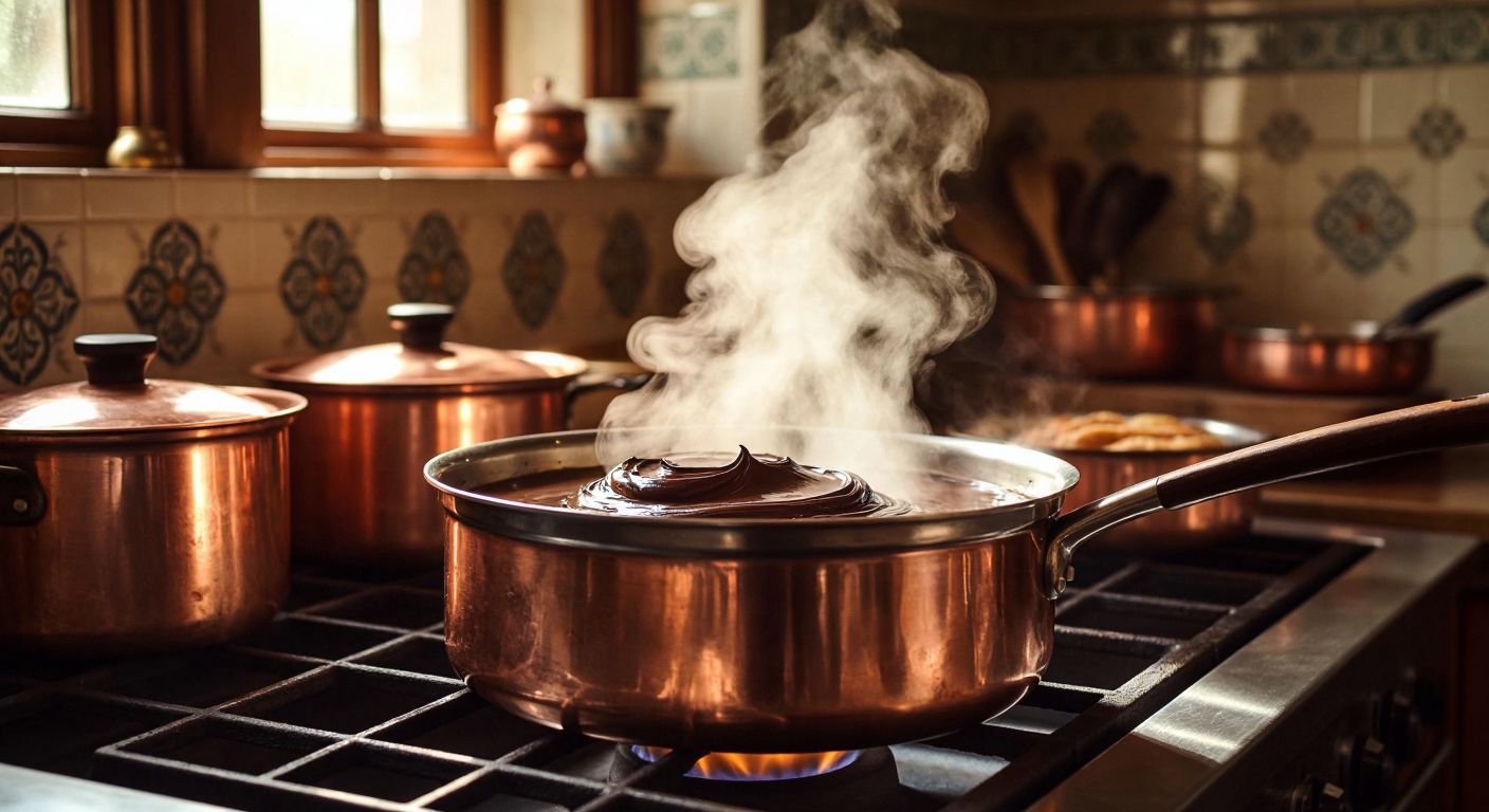 A stainless steel pot gently simmering over a low flame, with steam rising from the water inside, while a heatproof bowl containing melting chocolate sits snugly on top, surrounded by a warm, cozy Turkish kitchen with copper pots and ceramic tiles in the background.
