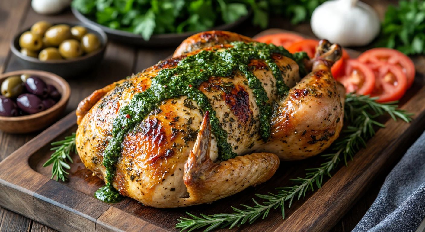 A golden-brown roasted turkey breast drizzled with vibrant green Mediterranean herb sauce, served on a rustic wooden platter beside fresh vegetables and olives, evoking a wholesome Turkish home-cooked meal.
