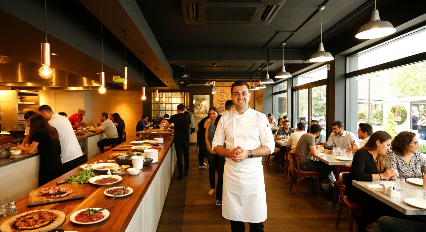 A bustling restaurant in Istanbul's upscale Etiler district, with a warm, inviting interior filled with people enjoying Turkish dishes, and a charismatic chef (resembling Burak Özdemir) smiling as he prepares food in the open kitchen.