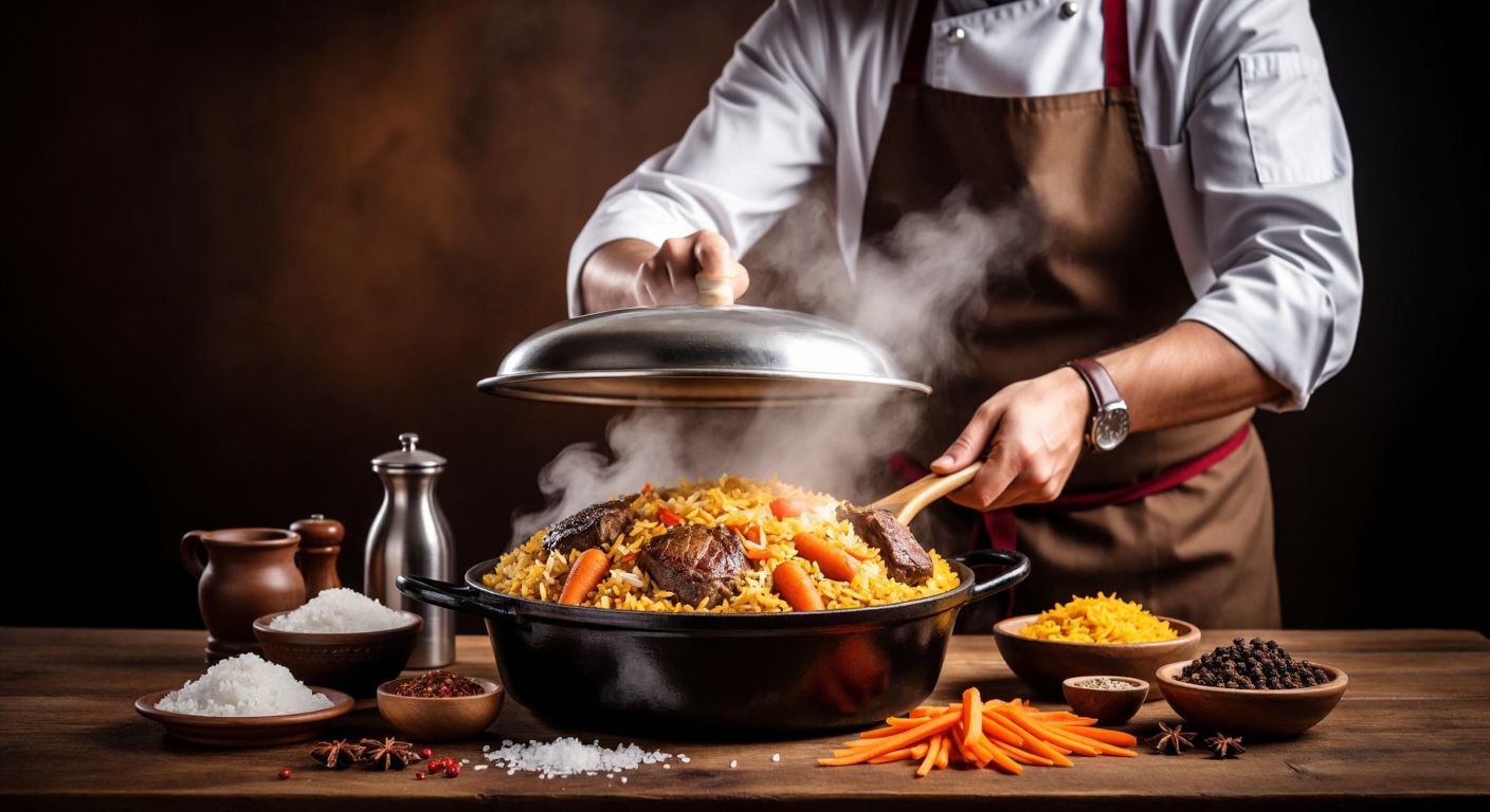 A steaming pot of Uzbek pilaf with golden rice, tender meat, and vibrant carrots sits on a wooden table, surrounded by aromatic spices, as a Turkish chef in a white apron smiles while gently lifting the lid to release fragrant steam.