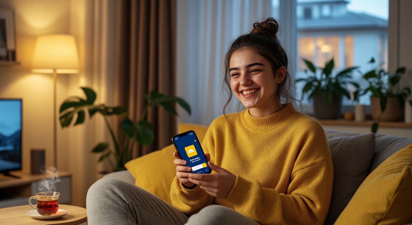 A cheerful young person in a cozy Turkish home smiles while holding a smartphone displaying the IKEA app icon, surrounded by stylish IKEA furniture and a steaming cup of Turkish tea.