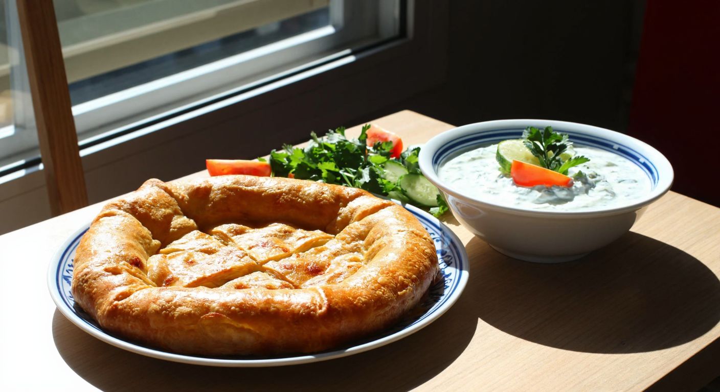 A golden-brown, oven-baked Levent börek sits on a small plate beside a bowl of creamy yogurt, with fresh herbs and sliced vegetables arranged neatly on a sunlit wooden table in a Turkish kitchen.