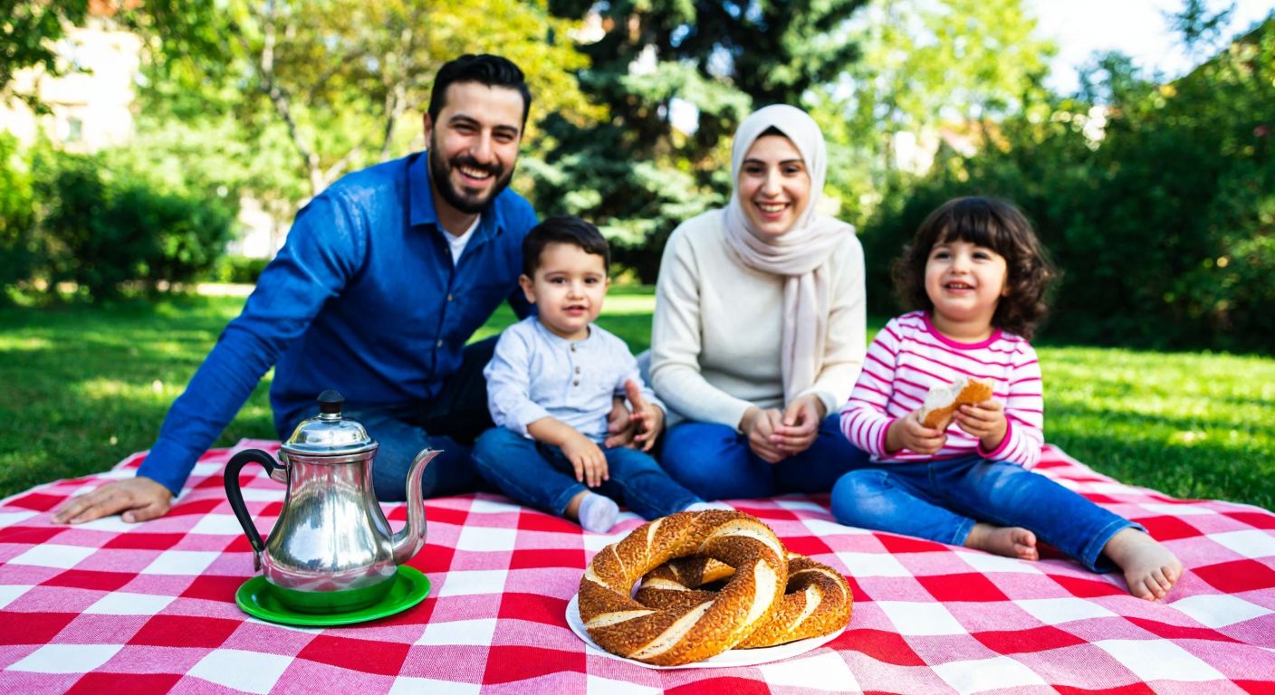 A cheerful Turkish family enjoying a sunny weekend picnic in a park, with a traditional çaydanlık (tea kettle) and simit (sesame bread) on a checkered blanket.