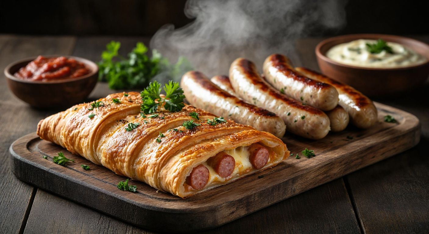 A golden-brown sosisli kaşarlı börek and şiş börek on a rustic wooden tray beside sizzling sausages, with steam rising and fresh parsley sprinkled on top.
