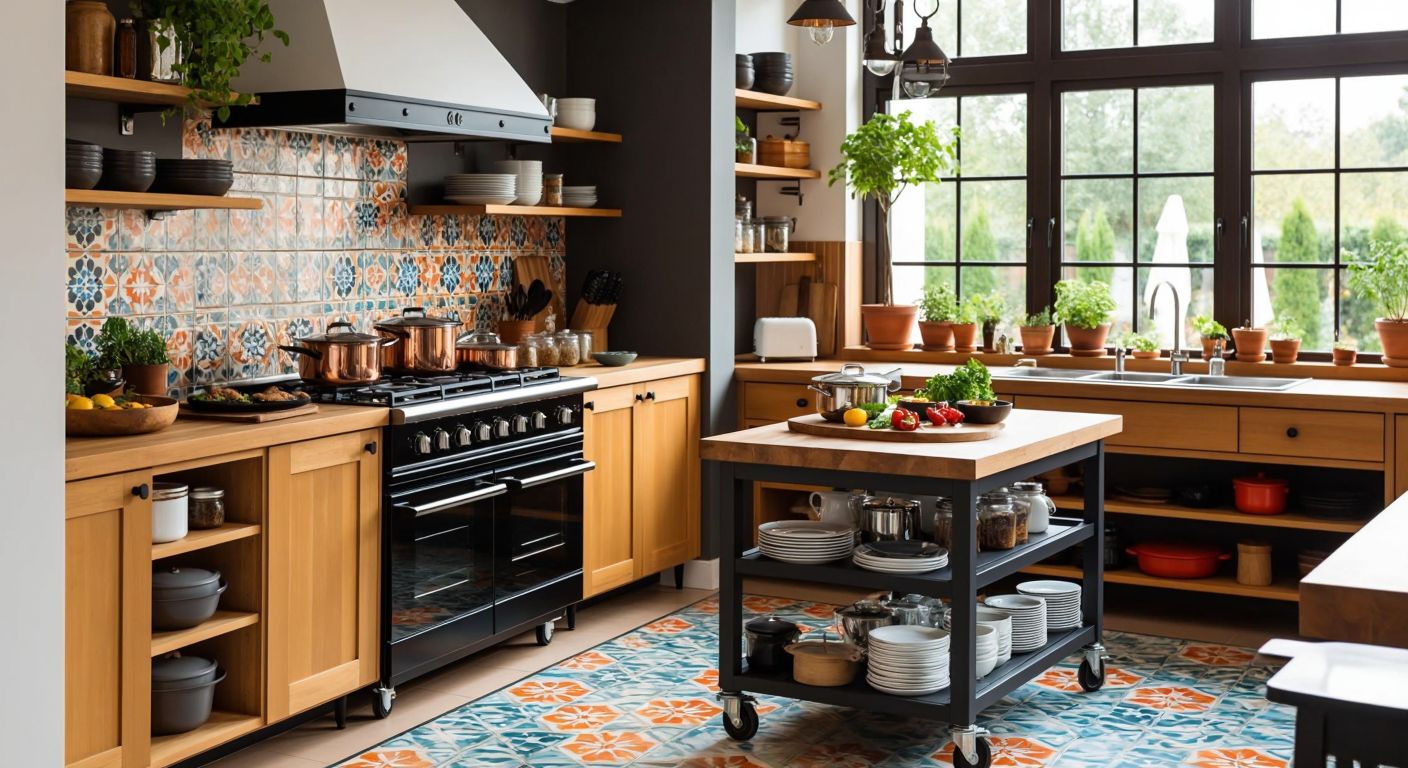 A bright, modern Turkish kitchen with sleek tekerlekli (wheeled) cabinets and a rolling kitchen cart, both filled with neatly arranged pots, pans, and utensils, set against warm wooden countertops and vibrant ceramic tiles.