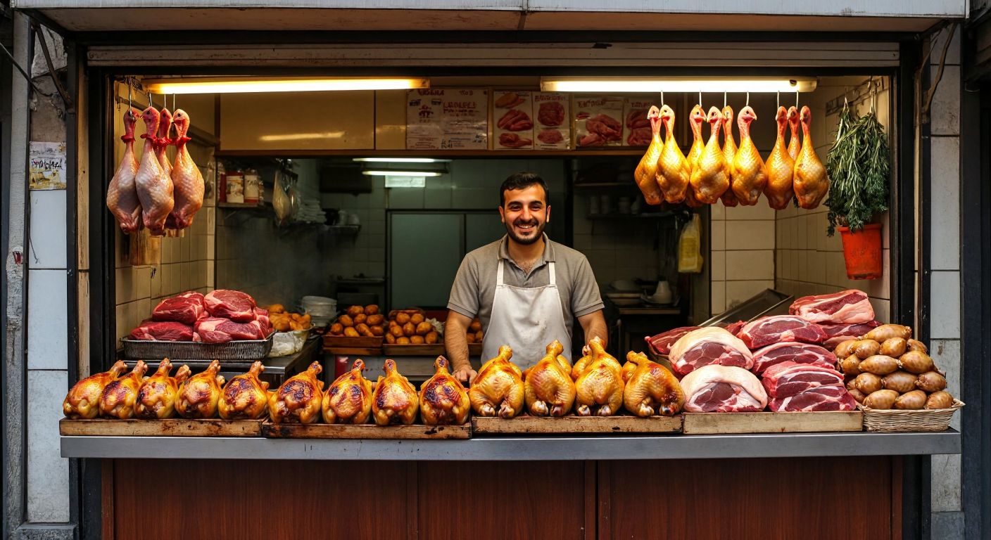 A bustling Turkish street scene with two small shops—one a bright, freshly opened poultry store with a smiling owner behind a counter of golden roasted chickens, and the other a traditional butcher shop displaying fresh cuts, both exuding warmth and affordability.