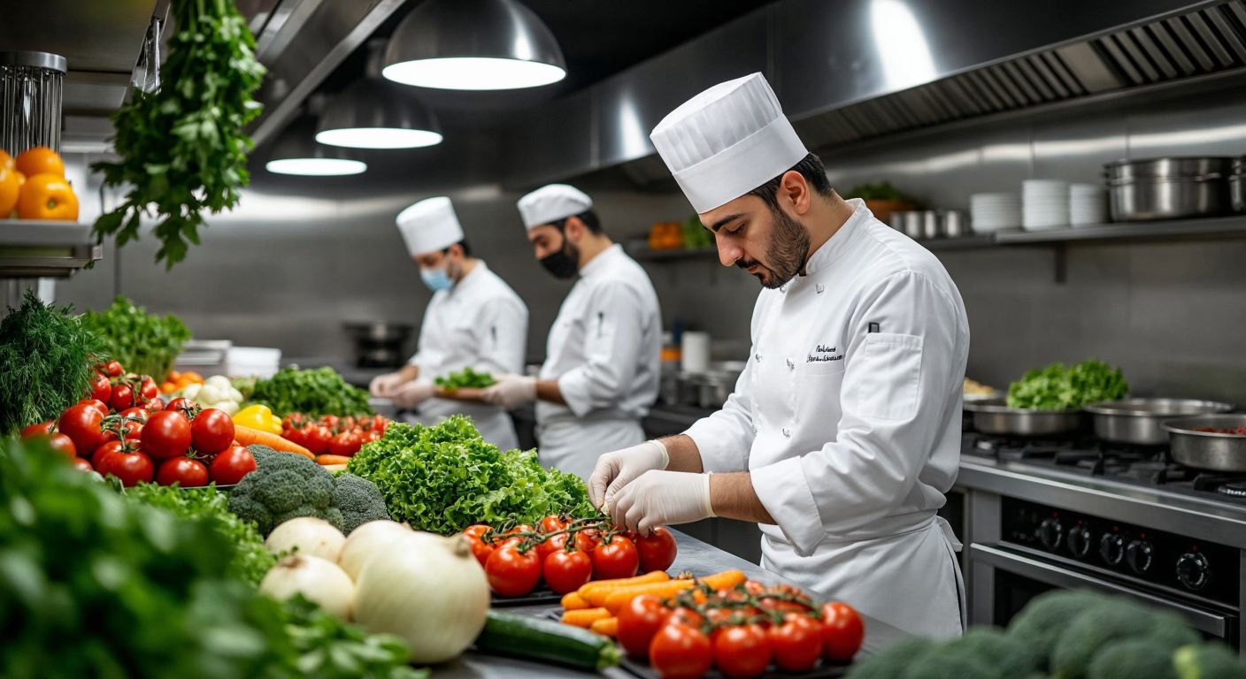 A Turkish chef in a clean, modern kitchen carefully inspecting fresh produce while a team in the background follows strict food safety protocols, balancing efficiency with meticulous attention to detail.