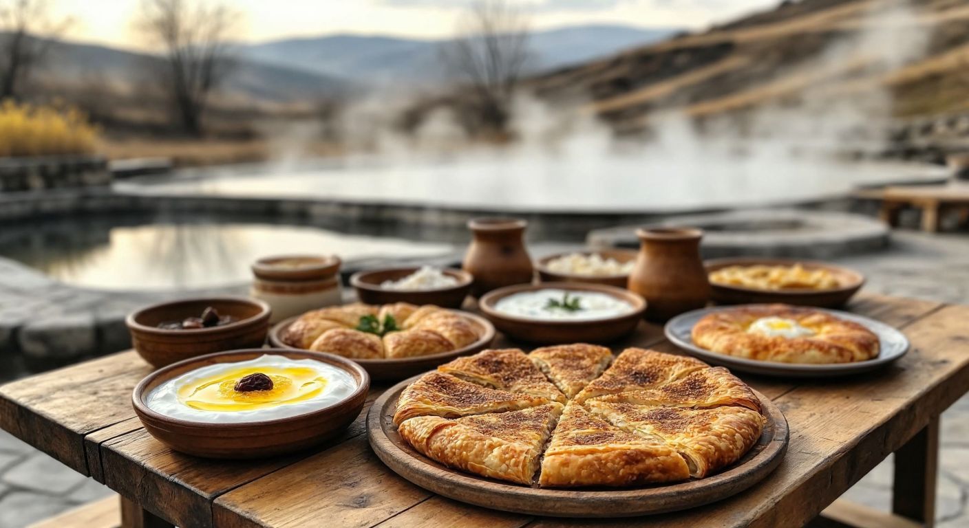 A rustic wooden table in Çobanlar, Afyonkarahisar, laden with steaming haşhaşlı börek, creamy manda yoğurdu drizzled with golden kaymak, and a backdrop of misty thermal springs.